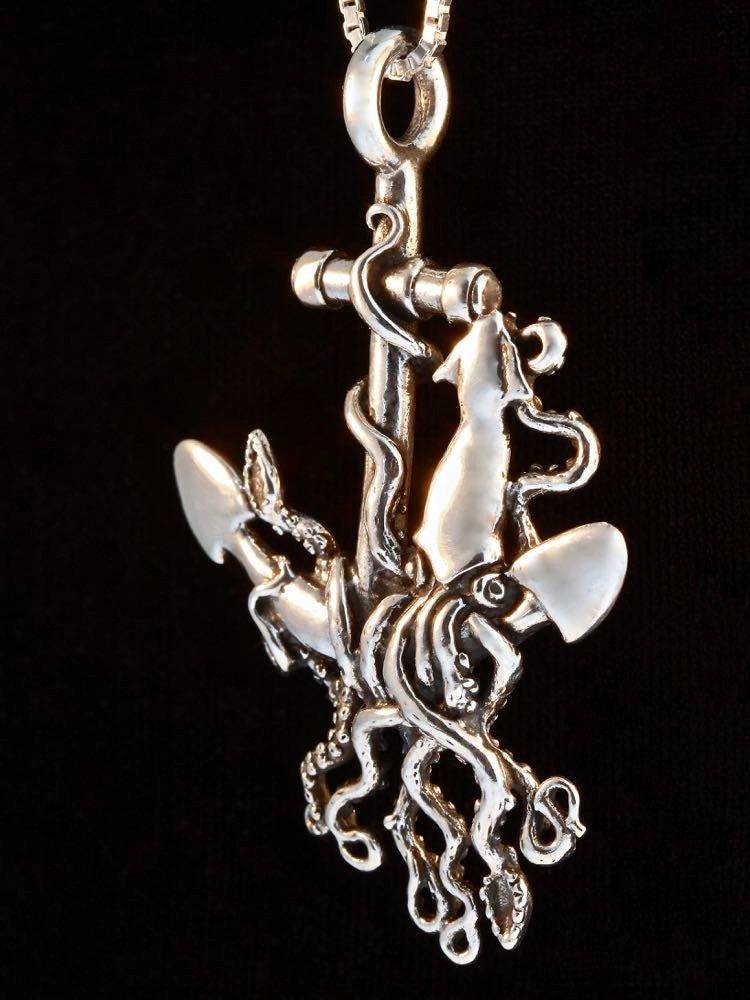Anchor and Squid Pendant - Silver