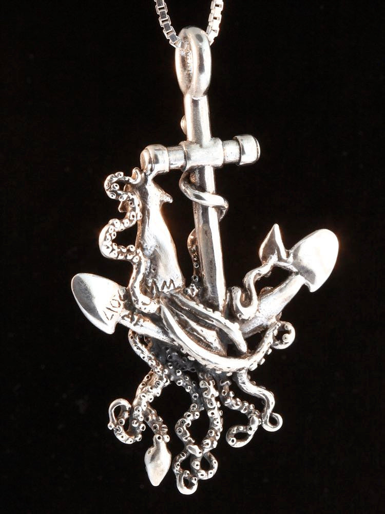 Anchor and Squid Pendant - Silver