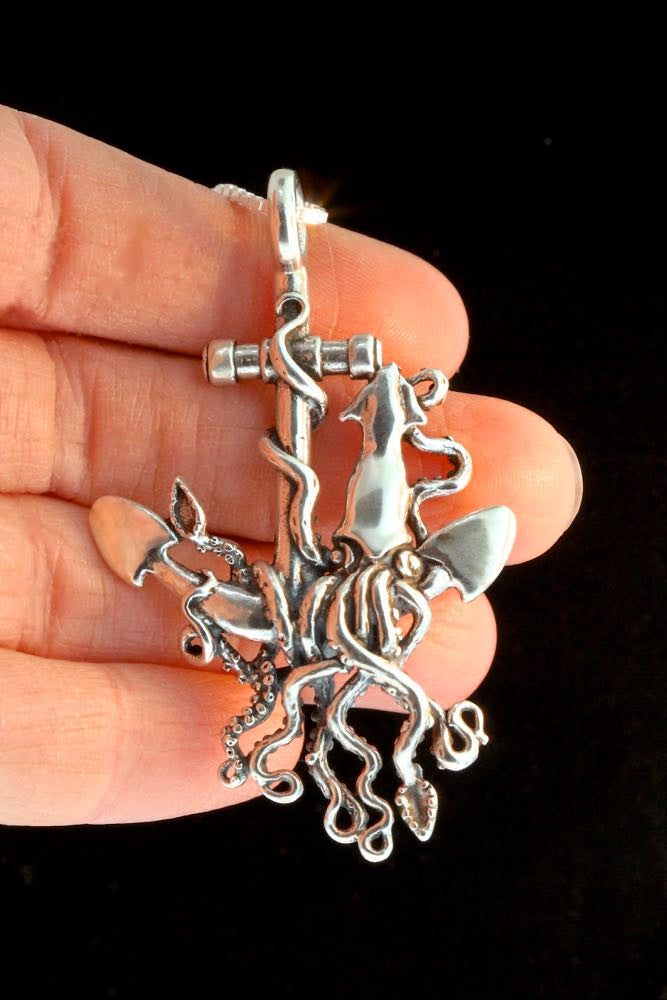 Anchor and Squid Pendant - Silver