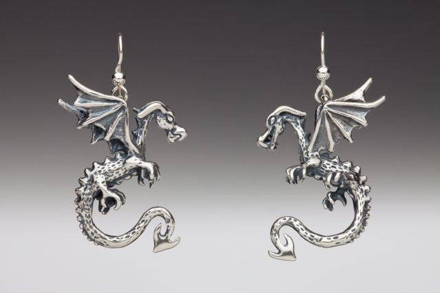 Dragon - Swooping Dragon Earrings - Sterling Silver