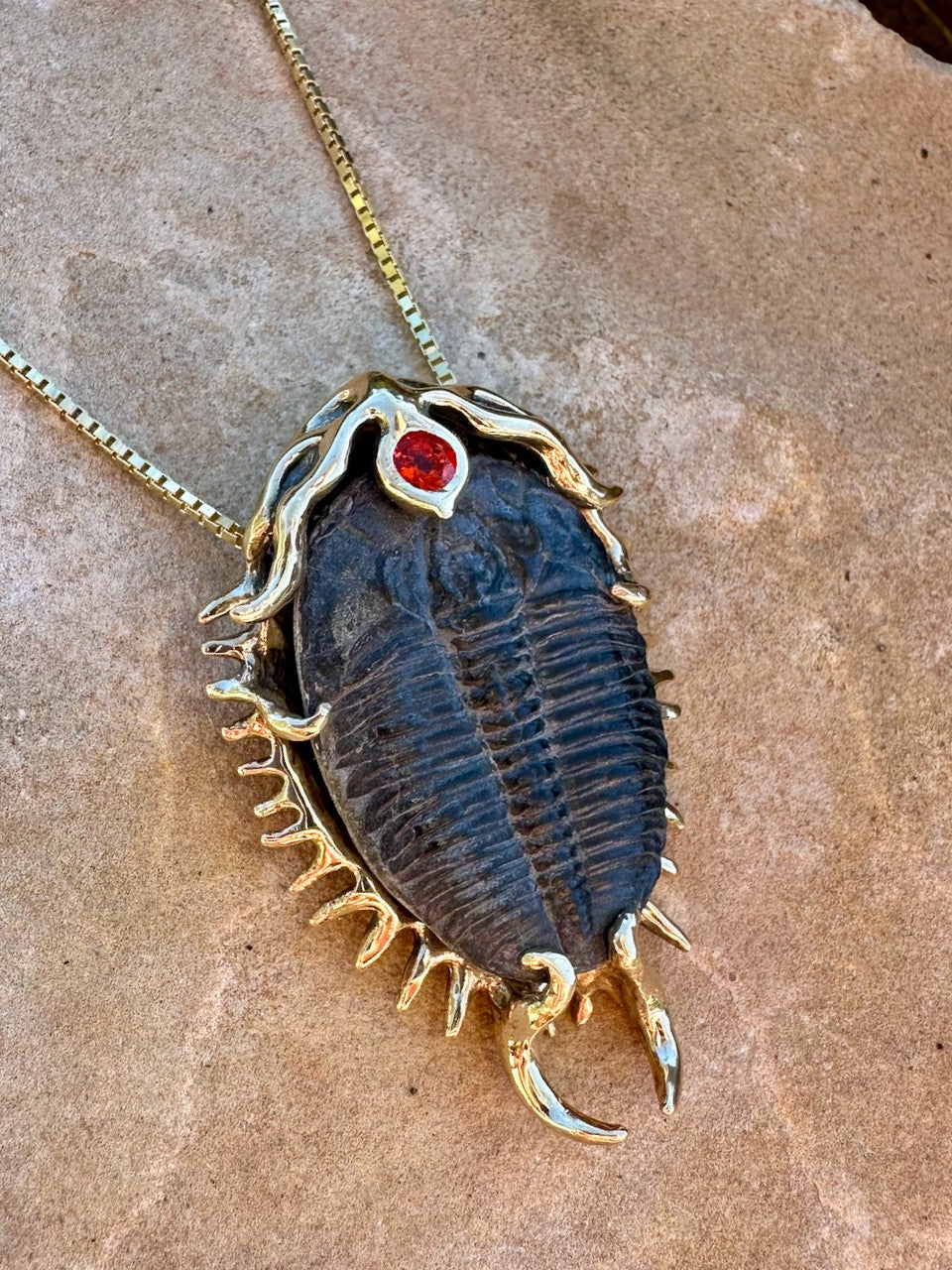 Colossal Spiked Trilobite with Fire Opal - 14k Gold