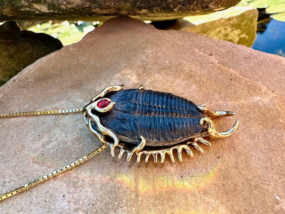 Colossal Spiked Trilobite with Fire Opal - 14k Gold