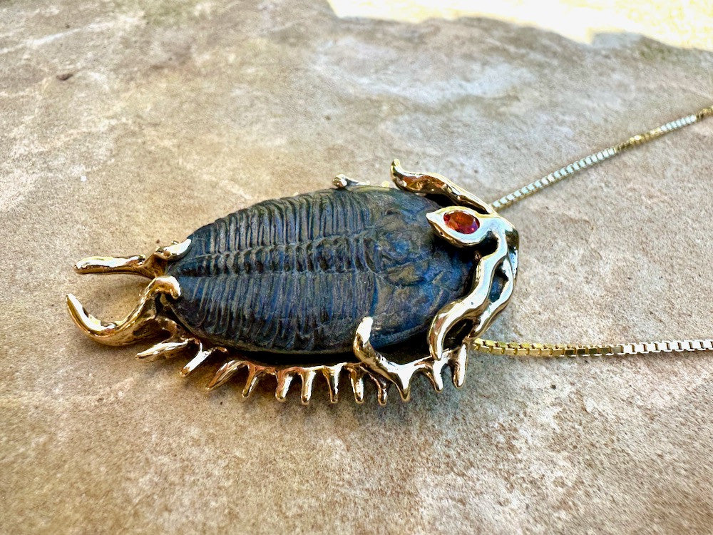 Colossal Spiked Trilobite with Fire Opal - 14k Gold