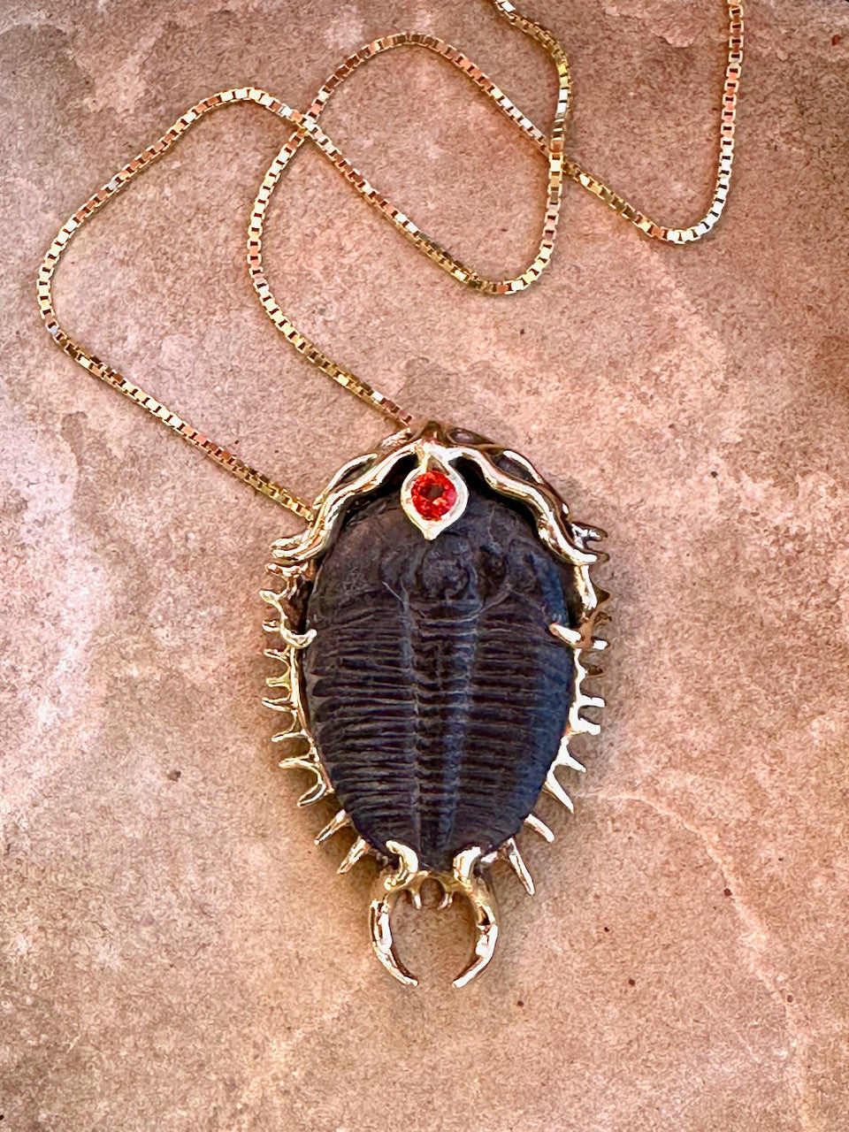 Colossal Spiked Trilobite with Fire Opal - 14k Gold