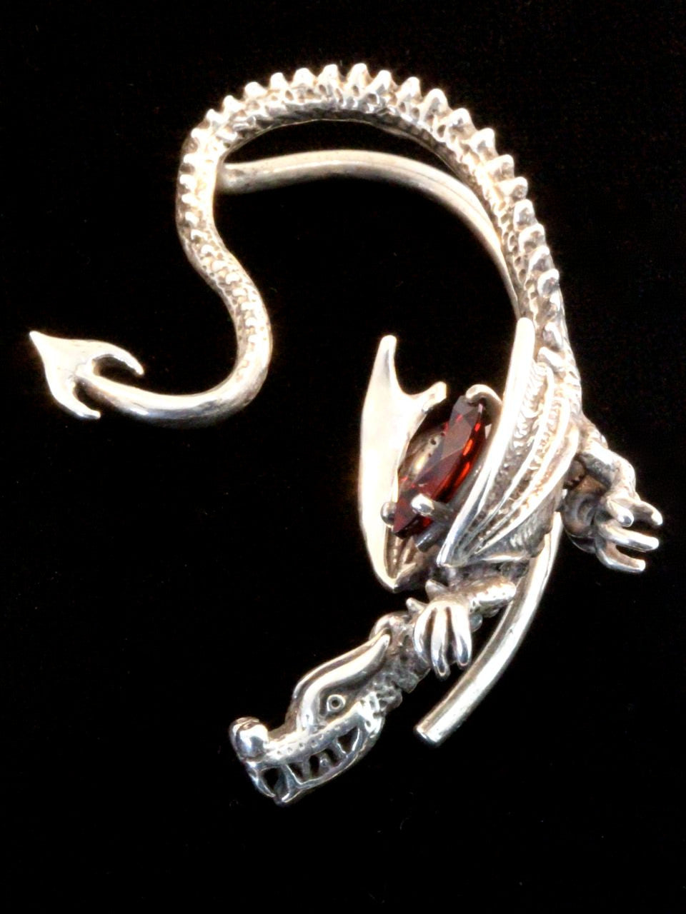 Throne Dragon Ear Wrap with Garnet - Silver