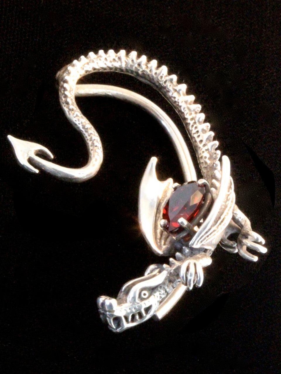Throne Dragon Ear Wrap with Garnet - Silver