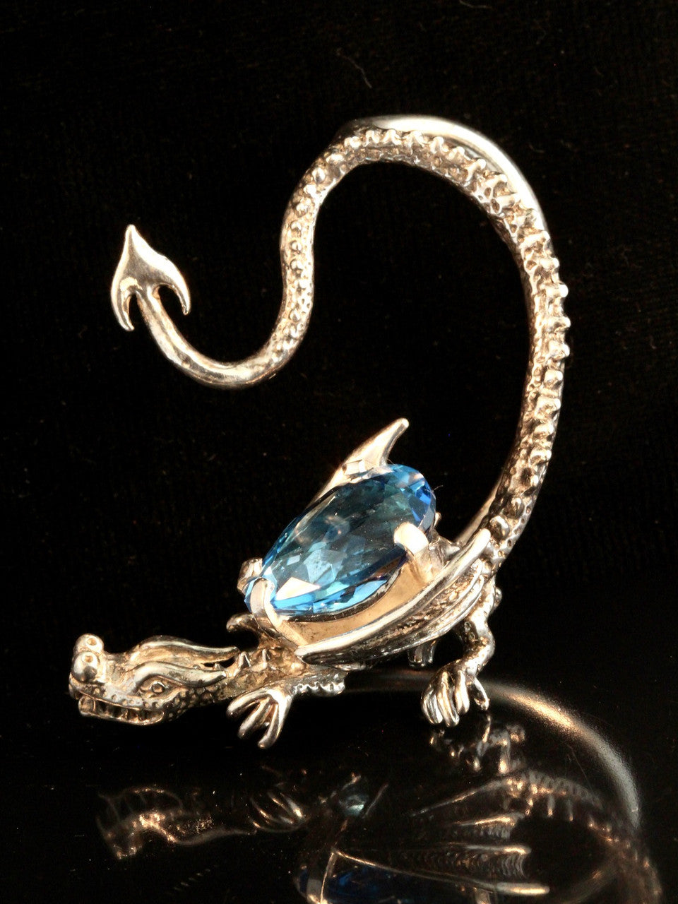 Throne Dragon Ear Wrap with Pear Shaped Blue Topaz - Silver