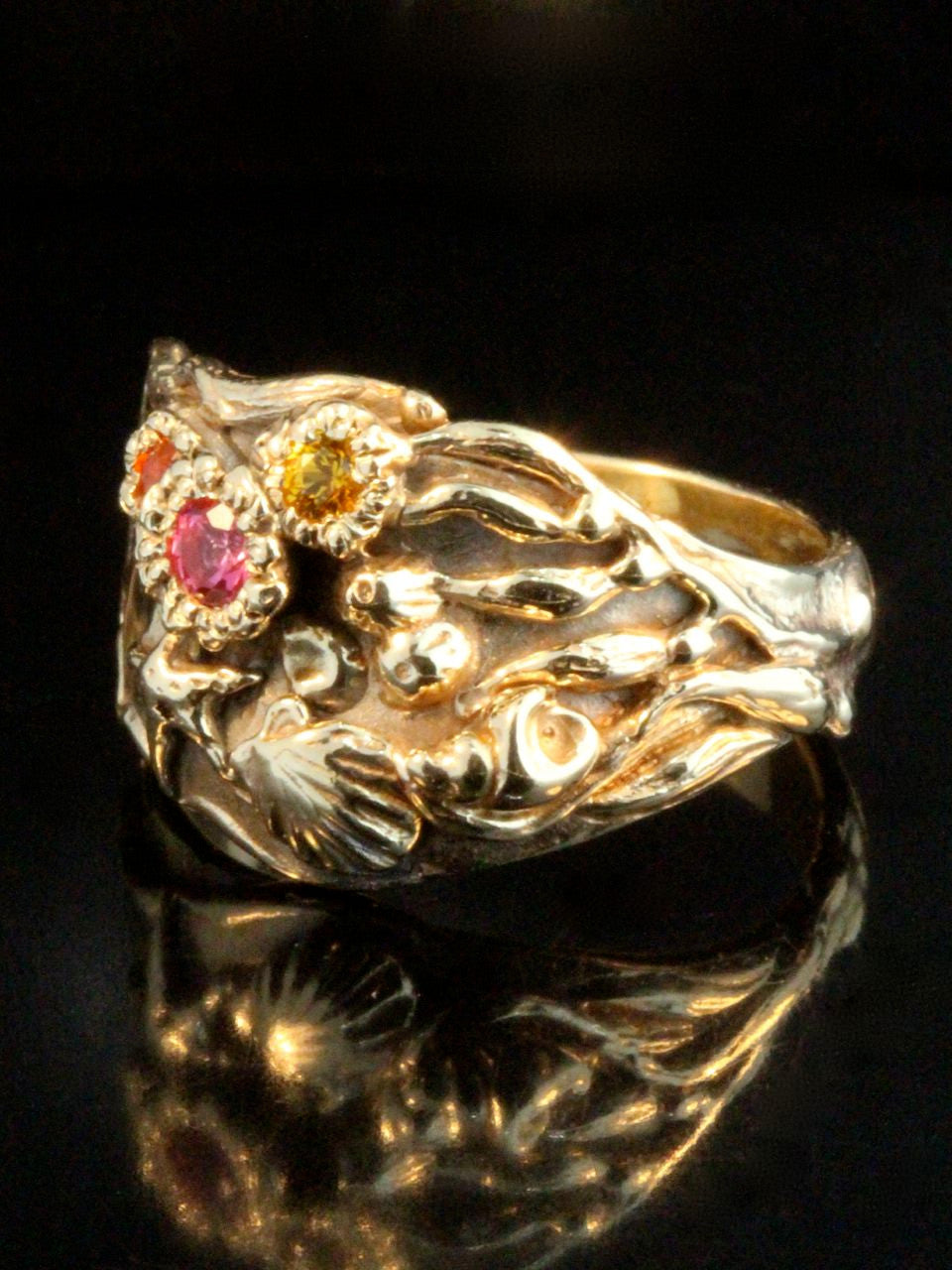 Gold Tide Pool Ring with pink spinel, Mexican fire opal and yellow sapphire