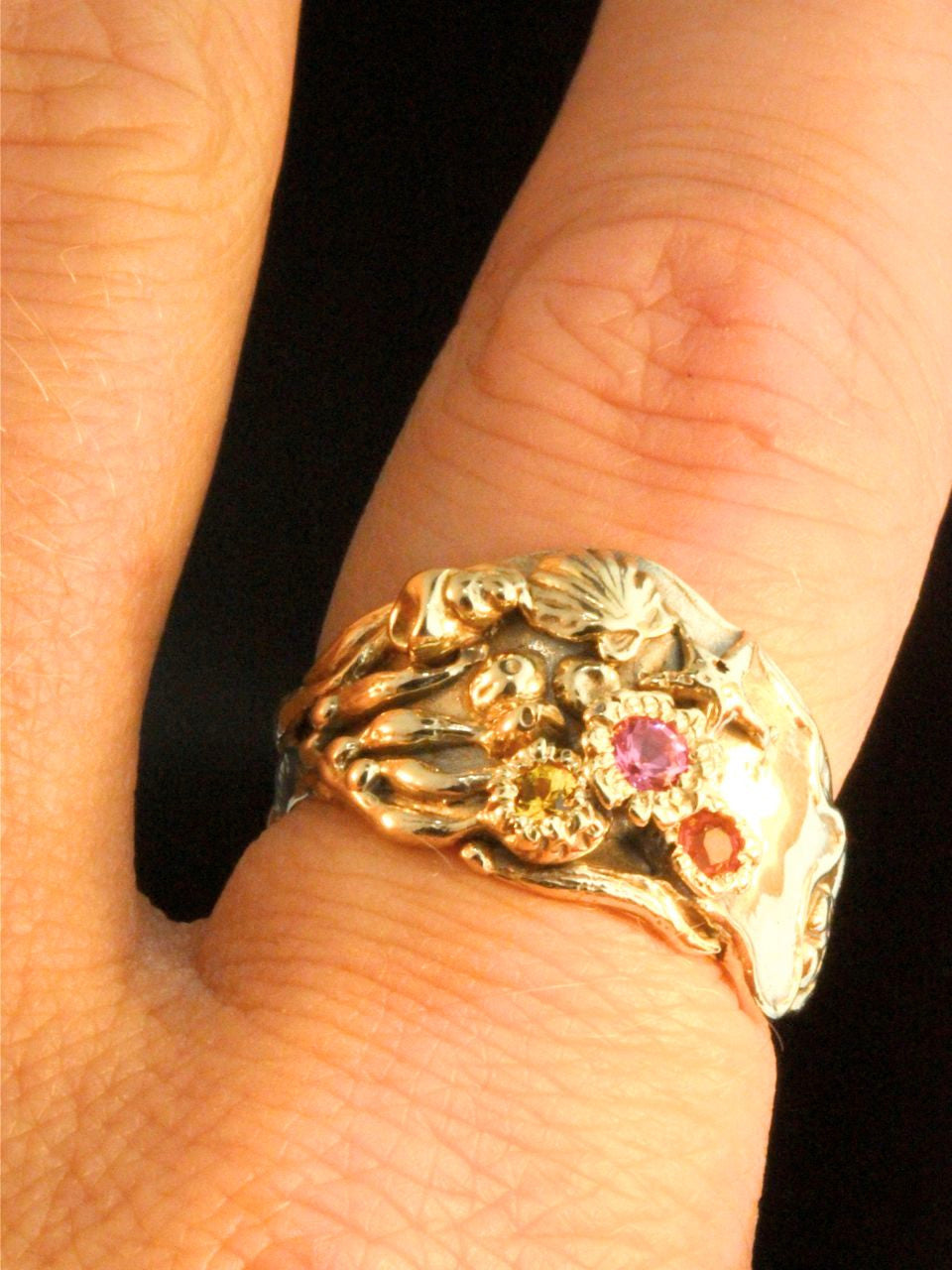 Gold Tide Pool Ring with pink spinel, Mexican fire opal and yellow sapphire