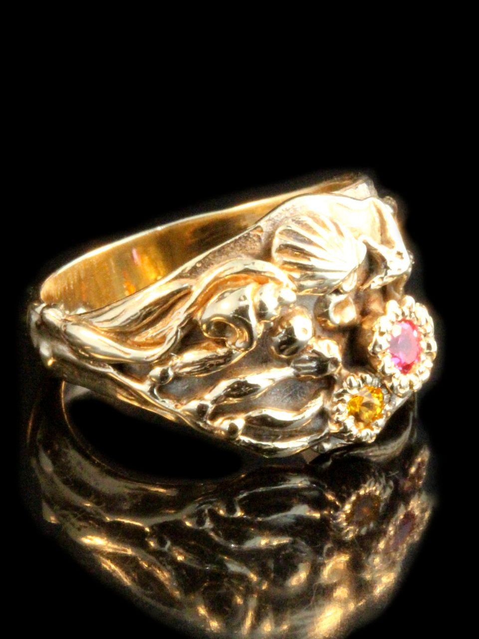 Gold Tide Pool Ring with pink spinel, Mexican fire opal and yellow sapphire