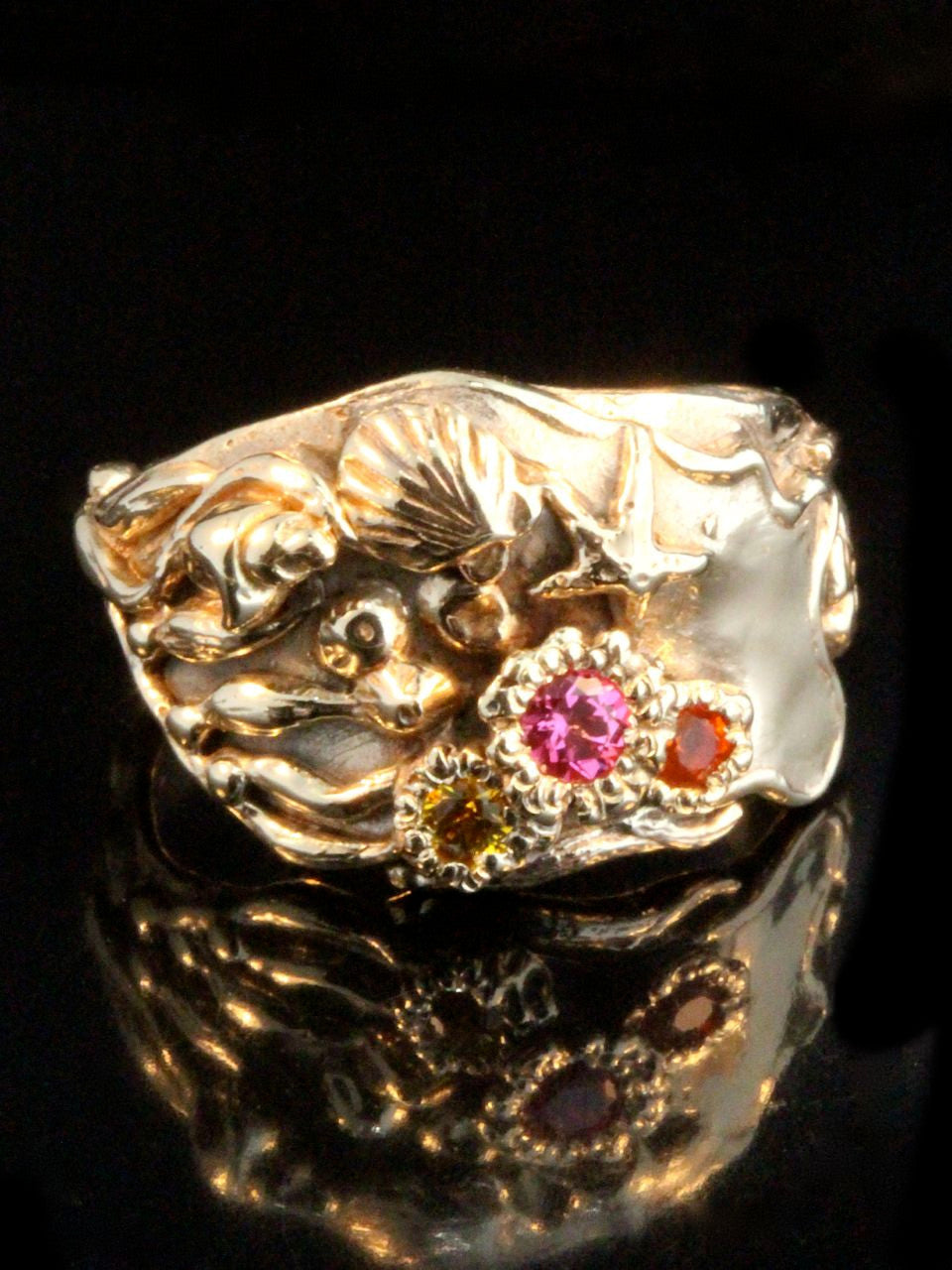 Gold Tide Pool Ring with pink spinel, Mexican fire opal and yellow sapphire