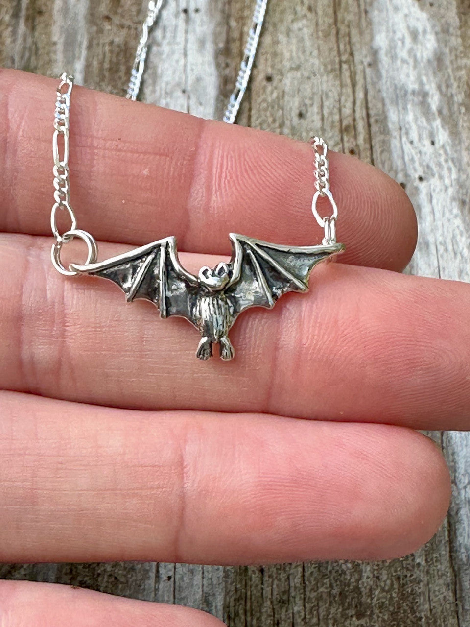 Tiny Flying Bat Charm with Figaro Chain - Silver