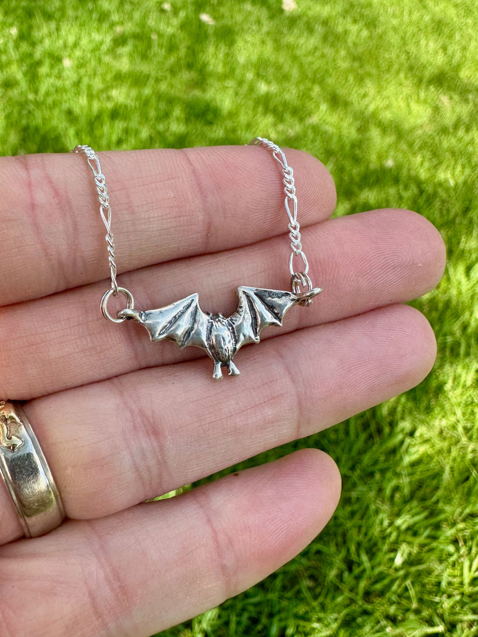Tiny Flying Bat Charm with Figaro Chain - Silver