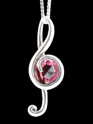 Treble Clef Pendant with 8mm Cabochon Gemstone - Sterling Silver