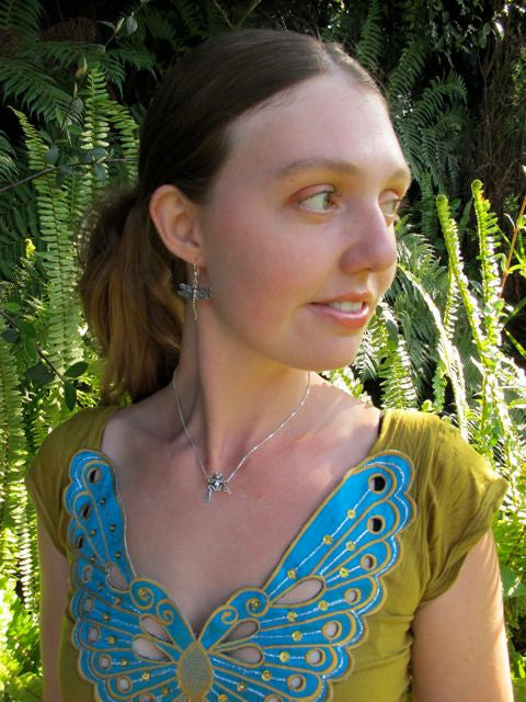 Alisha is modeling the Tree Frog Pendant with Dragon Fly Earrings