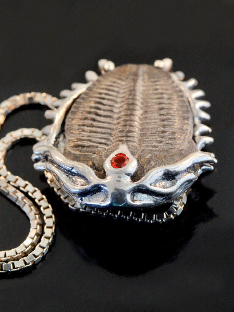 Trilobite Fossil Pendant with Gemstone - Silver