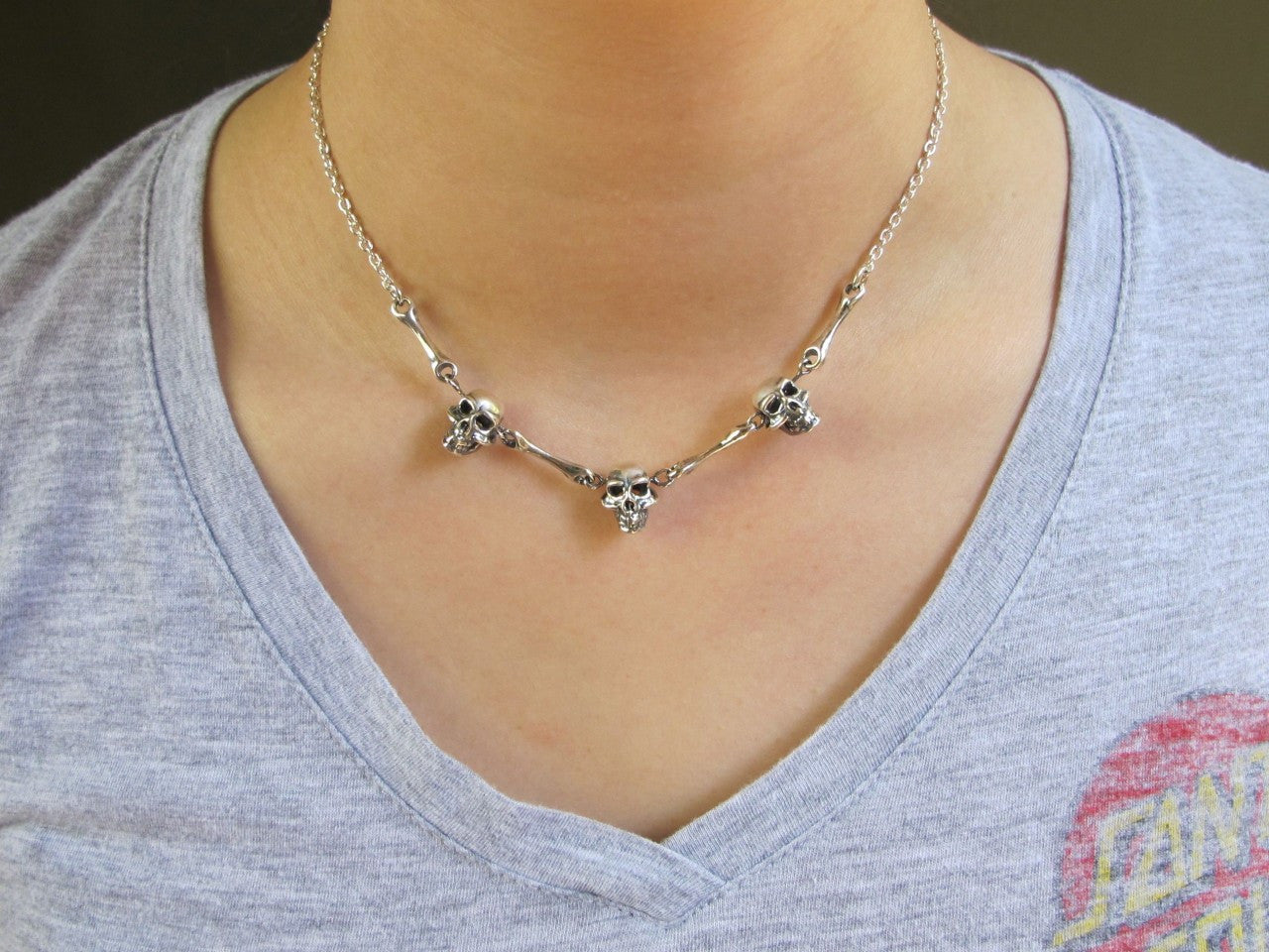 Triple Skull And Bone Necklace - Sterling Silver