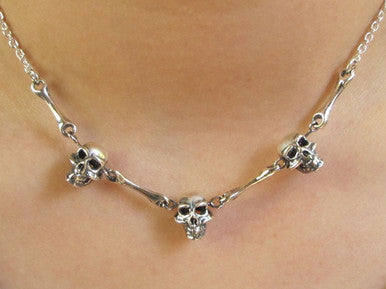 Triple Skull And Bone Necklace - Sterling Silver