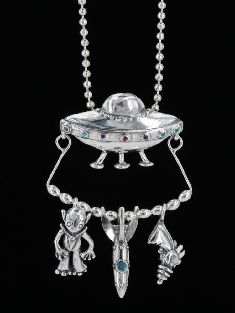 Sterling Silver Flying Saucer U.F.O. Charm Collection with Gemstones
