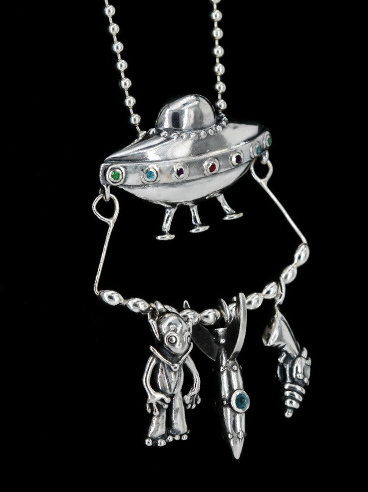 Sterling Silver Flying Saucer U.F.O. Charm Collection with Gemstones