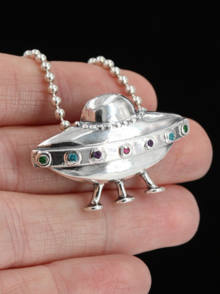 Sterling Silver Flying Saucer U.F.O. with Gemstones