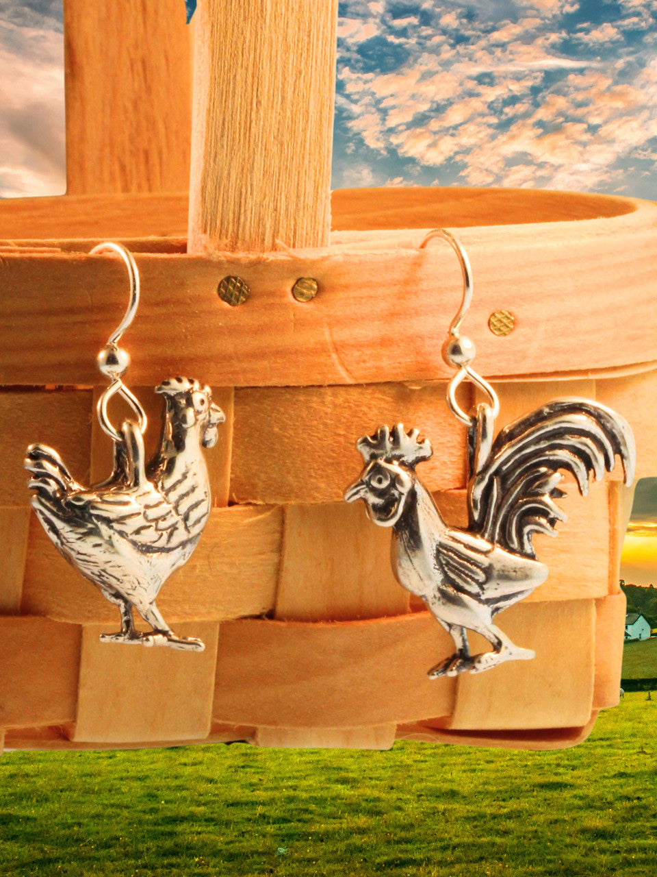 Chicken Earrings -Hen and Rooster - Silver