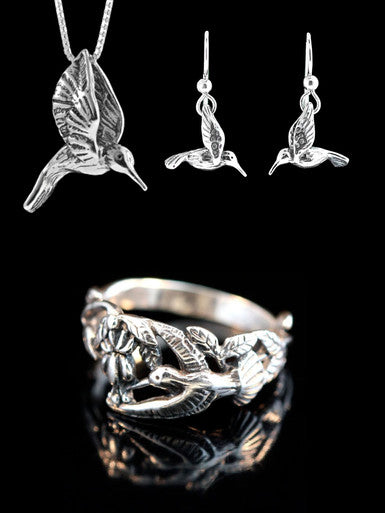 Hummingbird Pendant and Hummingbird Earrings Jewelry Set - Sterling Silver
