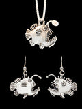 Angler Fish Earrings and Angler Fish with Pearl Necklace Jewelry Set - Sterling Silver