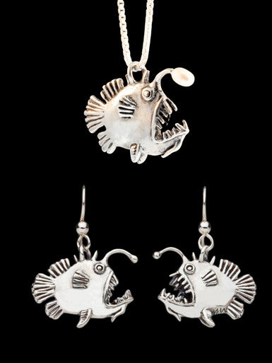 Angler Fish Earrings and Angler Fish with Pearl Necklace Jewelry Set - Sterling Silver