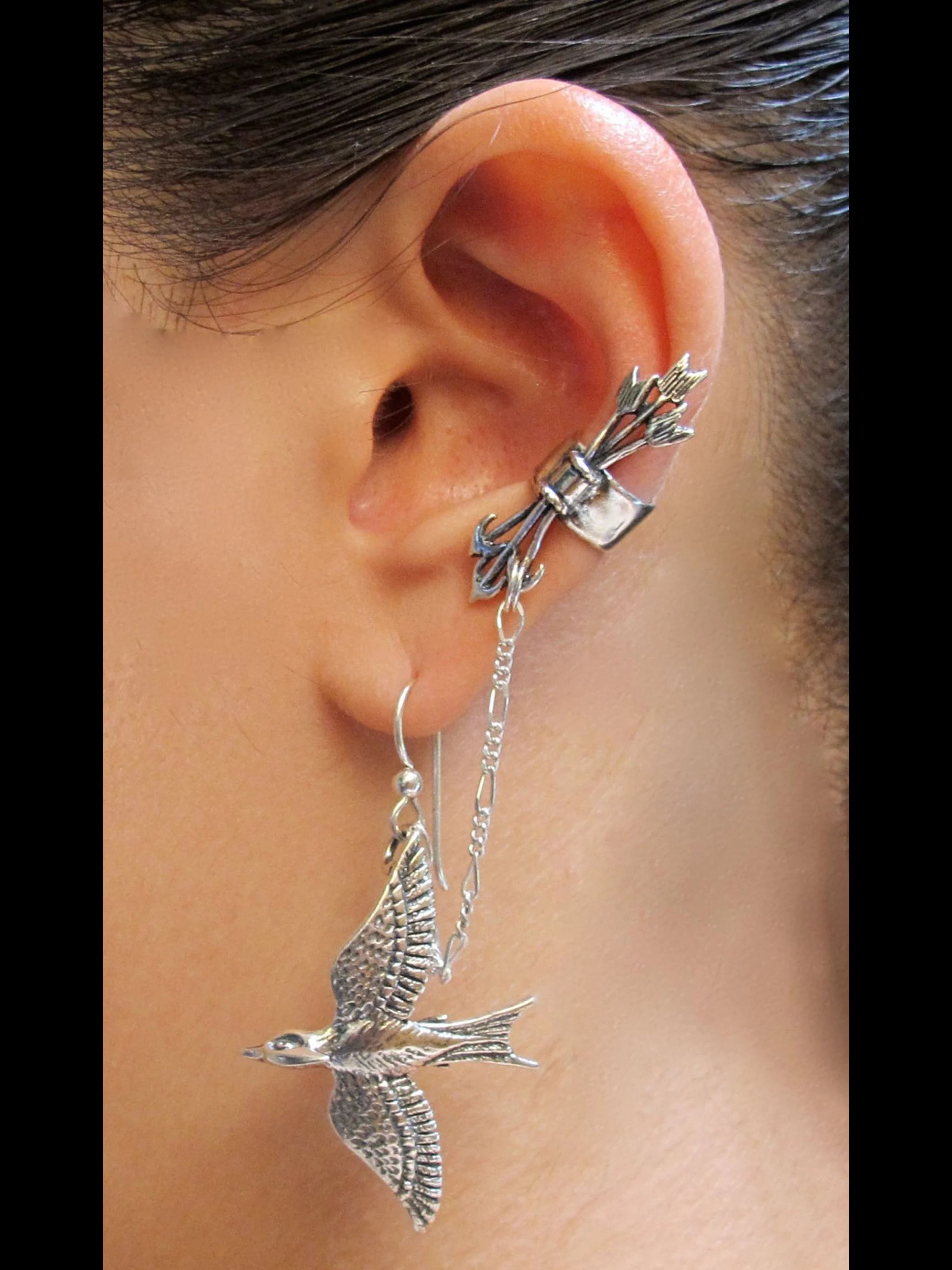 Silver Quiver and Arrows Ear Cuff and Mocking Jay - Bajoran Style - Silver