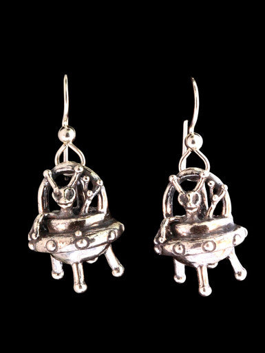Peace Alien Flying Saucer Earrings - Sterling Silver