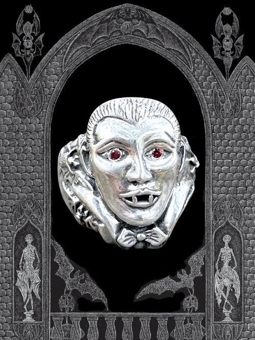 Dracula Vampire Bat Ring with Ruby Eyes - Sterling Silver