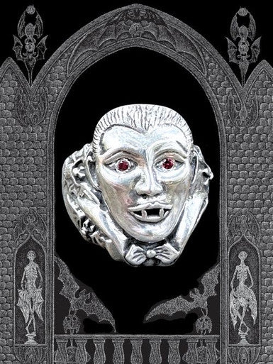 Dracula Vampire Bat Ring with Ruby Eyes - Sterling Silver