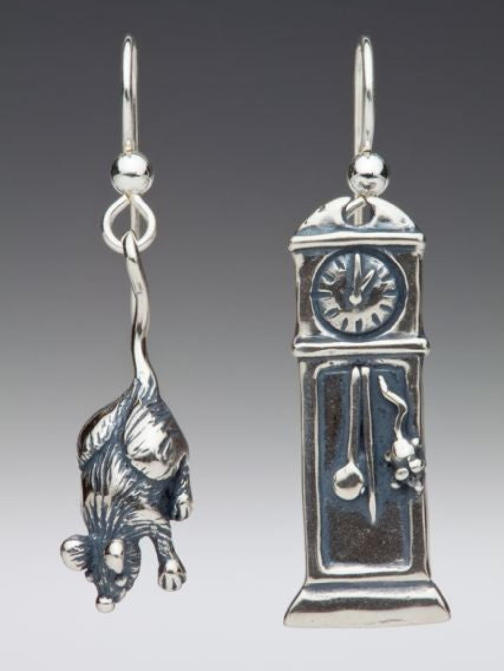 Mother Goose - Grandfather Clock and Mouse Earrings - Silver