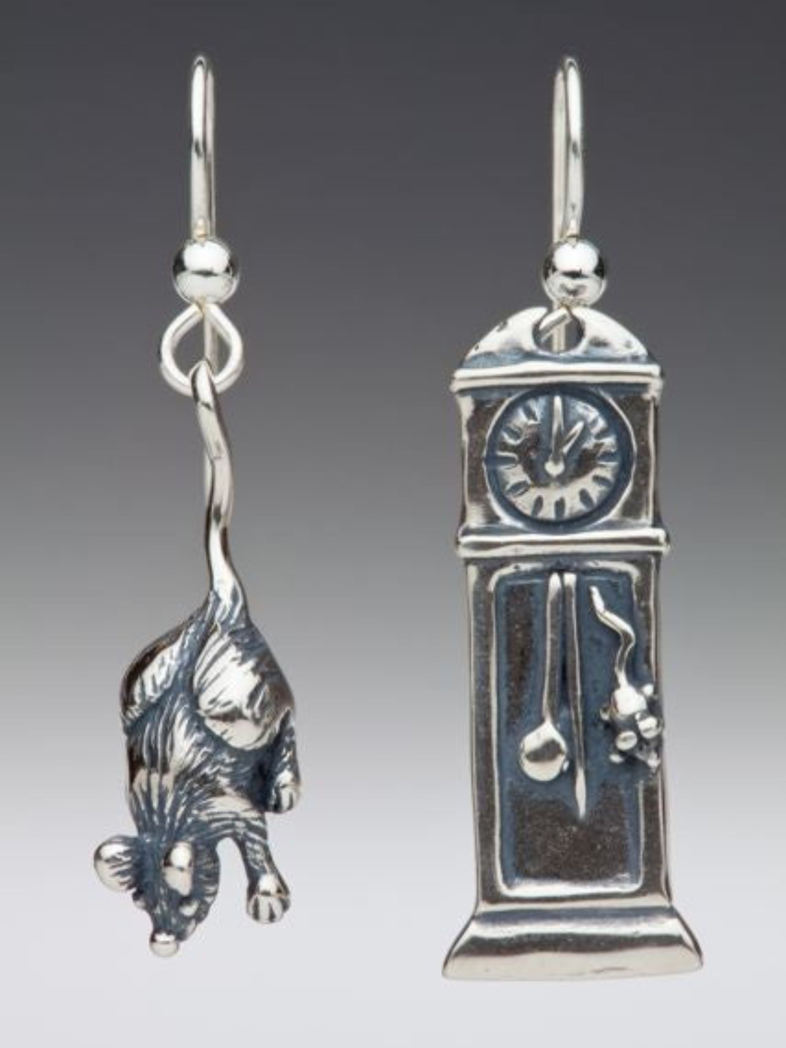 Mother Goose - Grandfather Clock and Mouse Earrings - Silver