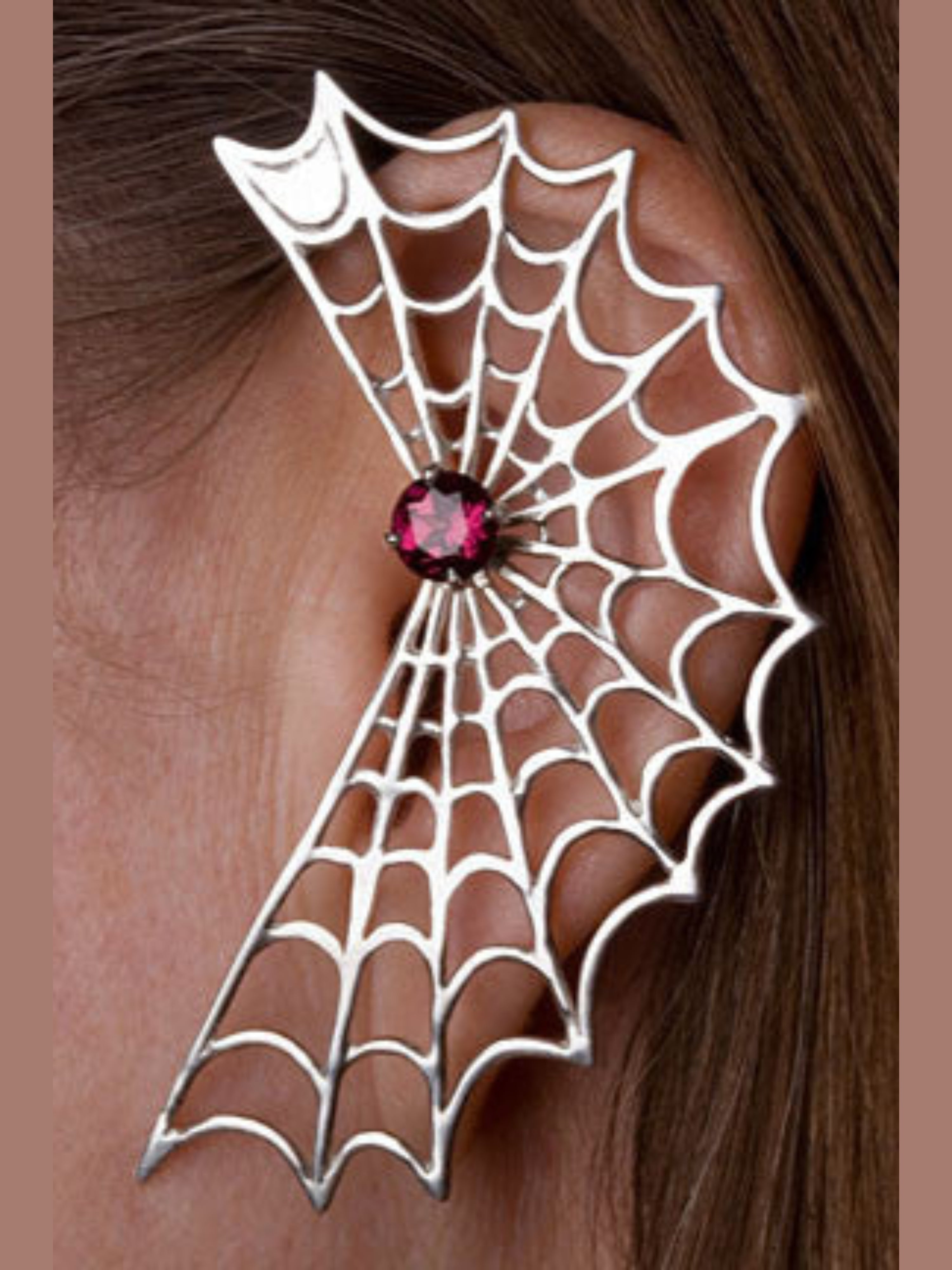 Spider Web Ear Wrap with Garnet - Silver