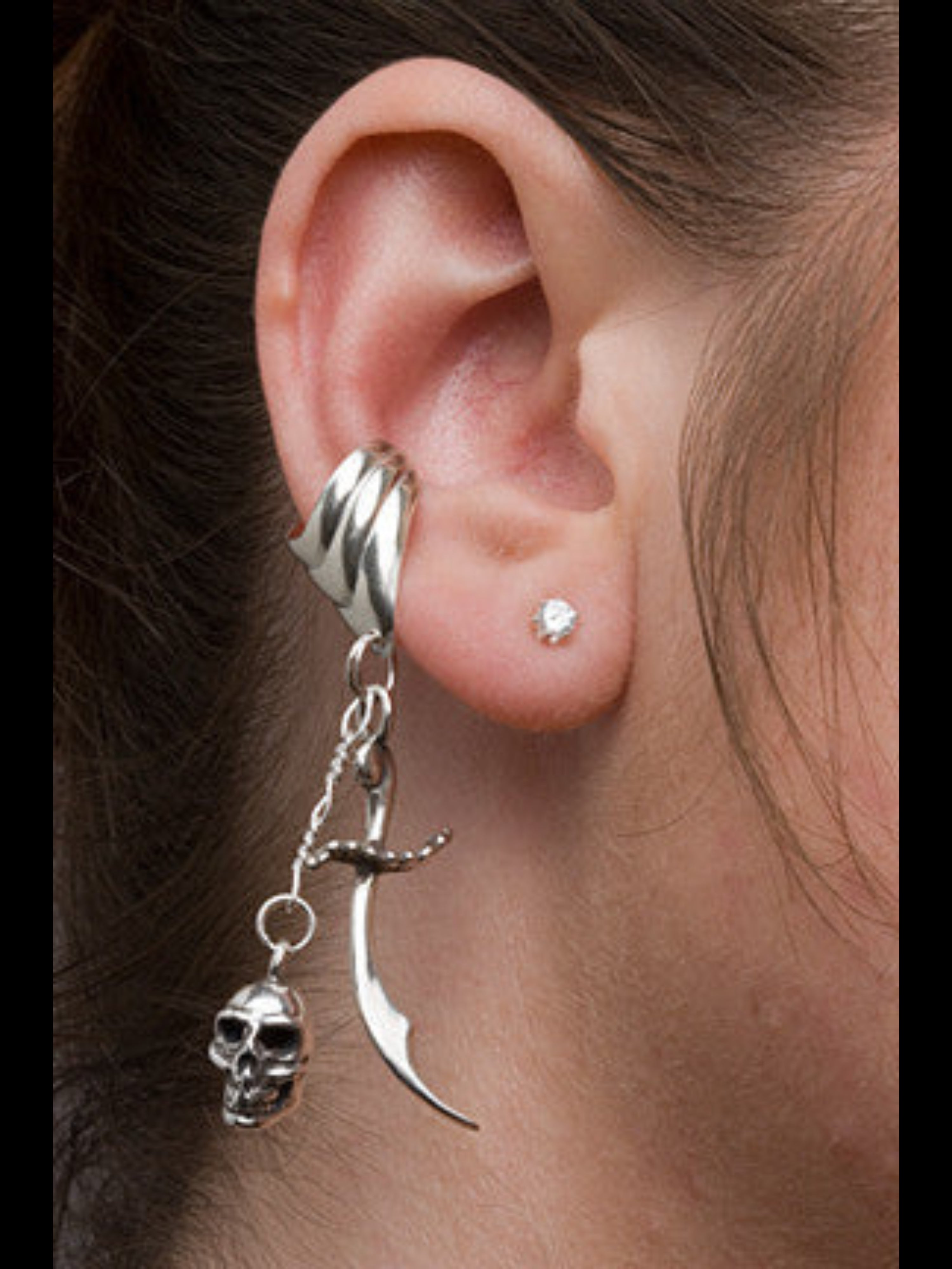 Skull and Scimitar Ear Cuff - Sterling Silver