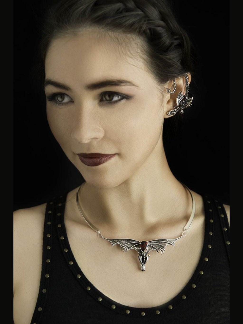 Gothic Dragon Neckpiece with Pear Garnet and Neck-ring - Sterling Silver