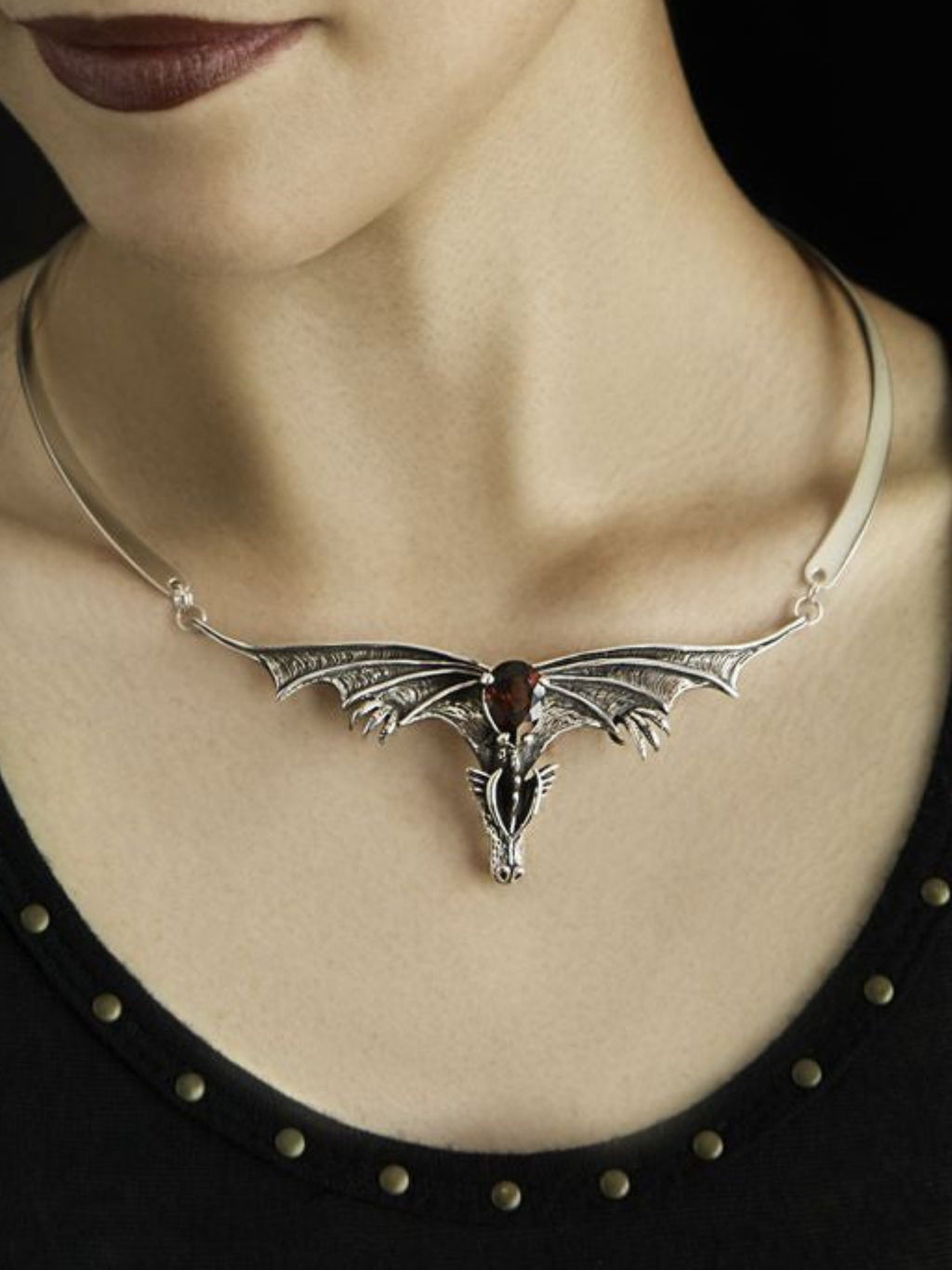 Gothic Dragon Neckpiece with Pear Garnet and Neck-ring - Sterling Silver