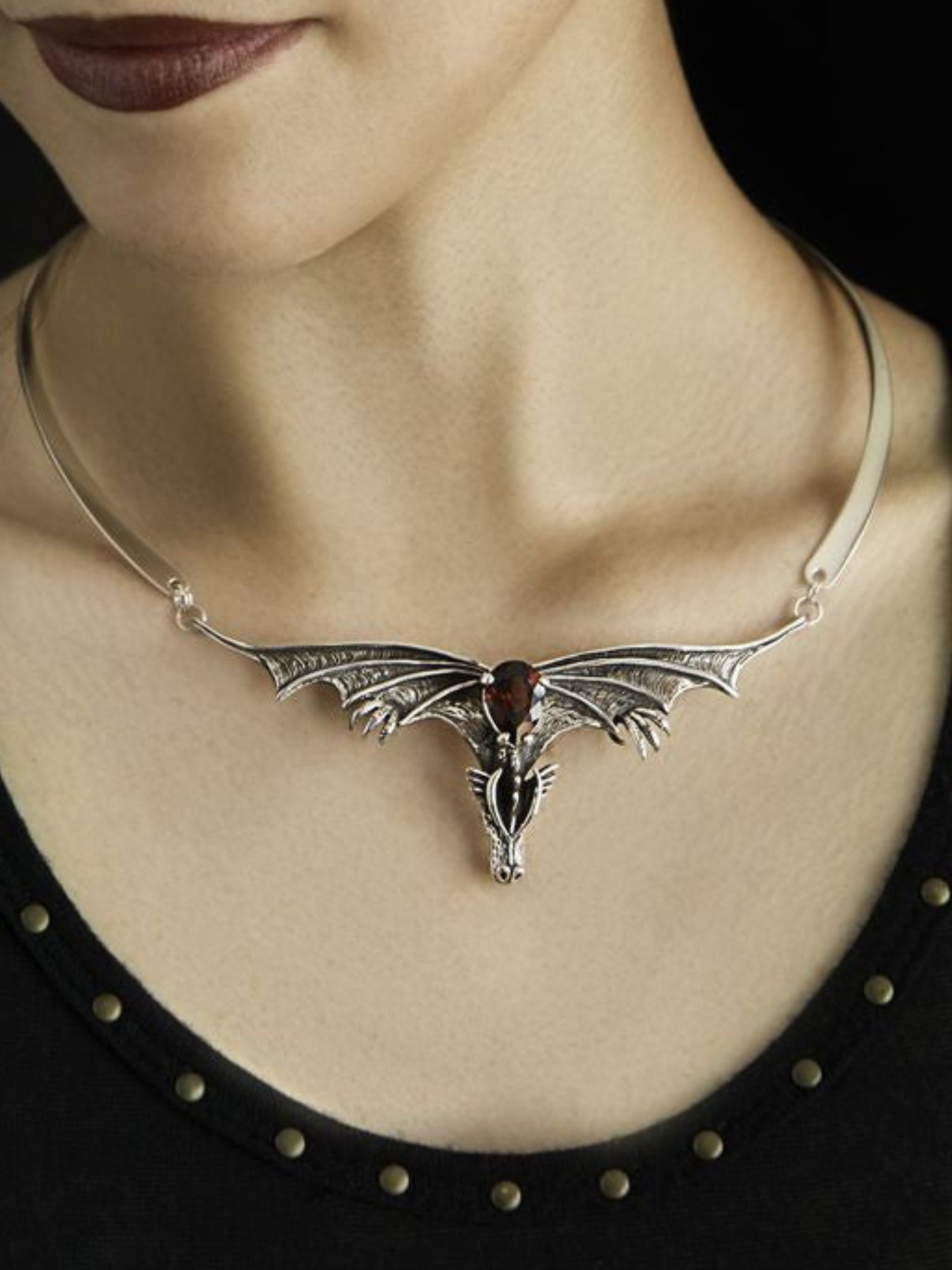 Gothic Dragon Neckpiece with Pear Garnet and Neck-ring - Sterling Silver