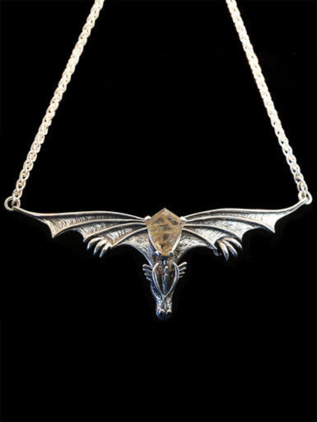 Gothic Dragon Neckpiece with Rutilated Quartz - Sterling Silver