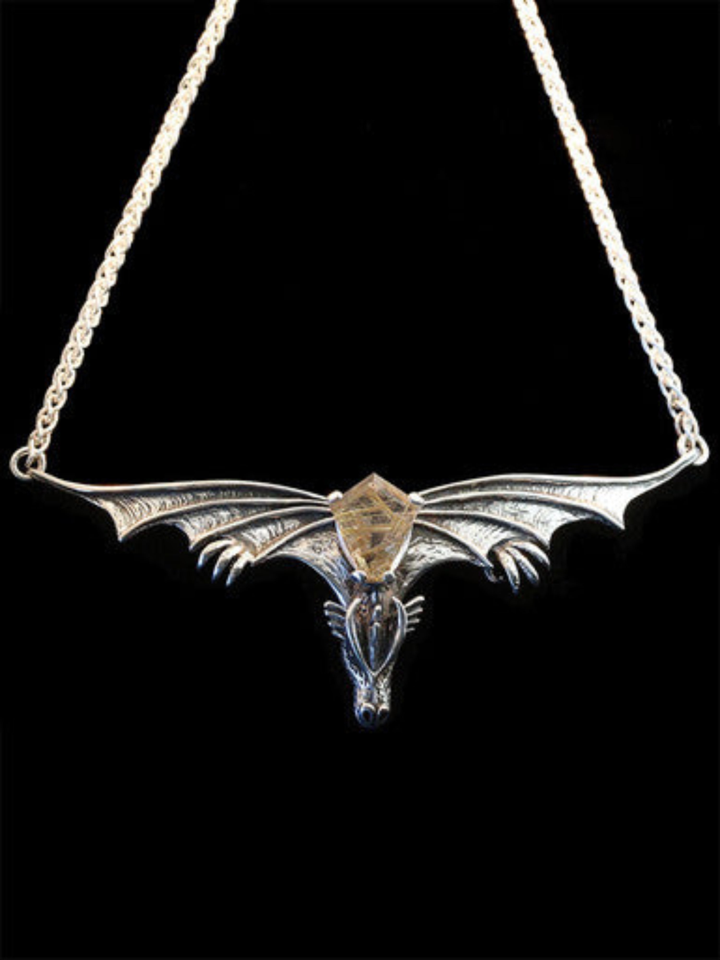 Gothic Dragon Neckpiece with Rutilated Quartz - Sterling Silver