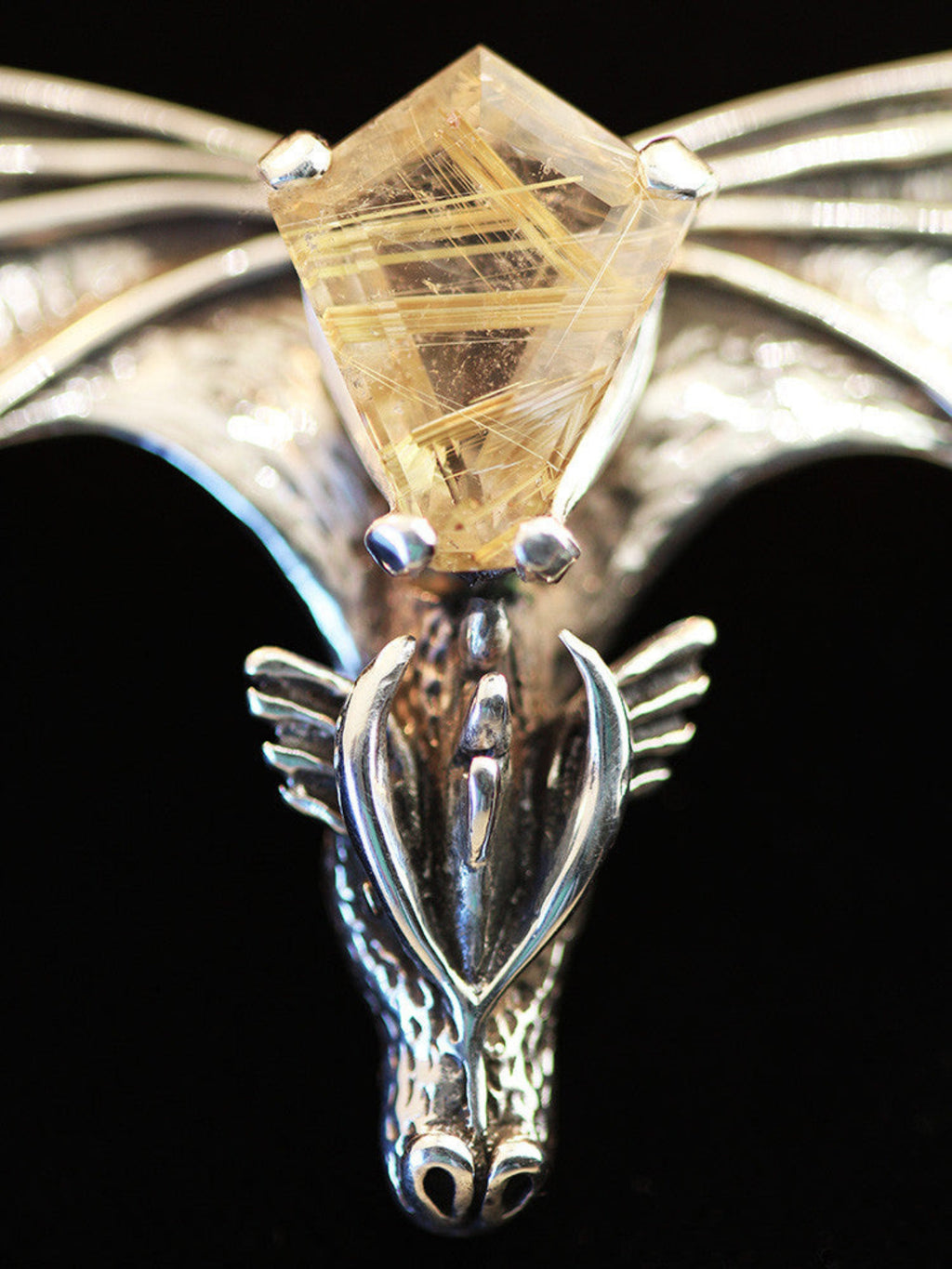 Gothic Dragon Neckpiece with Rutilated Quartz - Sterling Silver