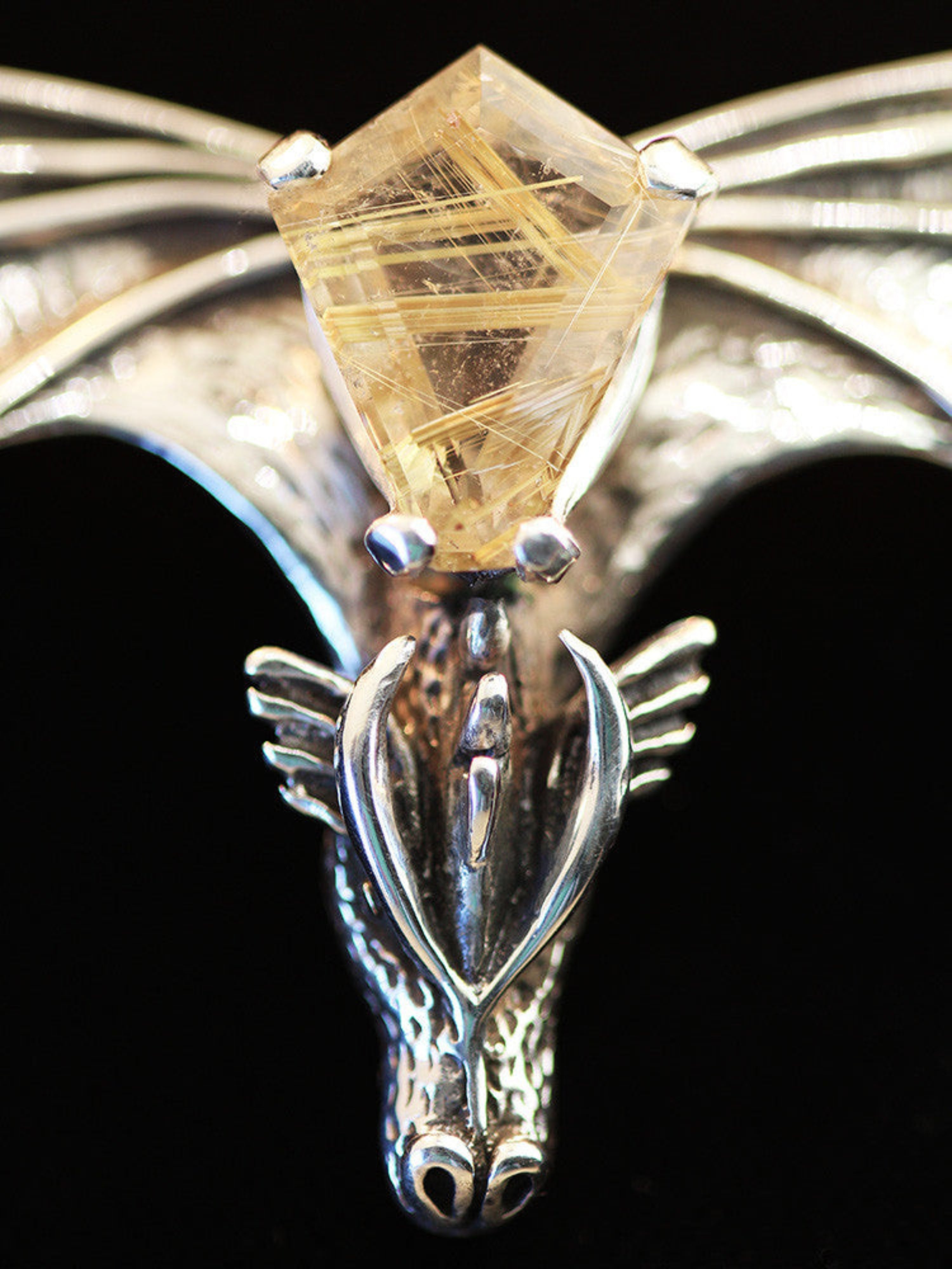 Gothic Dragon Neckpiece with Rutilated Quartz - Sterling Silver