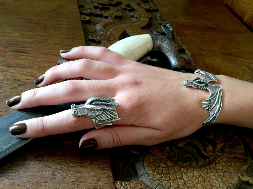 Model is wearing Valor Dragon Ring and Gothic Dragon Cuff