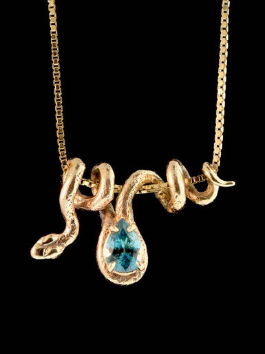 Vine Snake Pendant With Blue Zircon - Solid 14k Gold