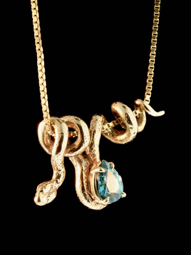 Gold Vine Snake With Blue Zircon in 14k Gold