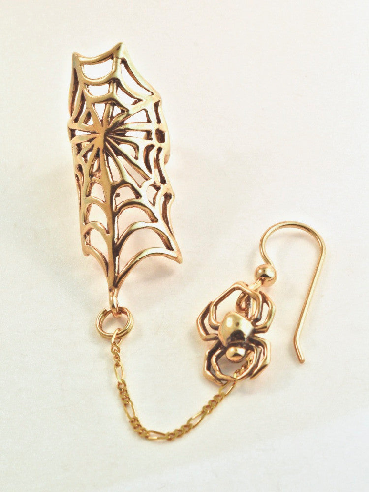 Web and Chained Spider Ear Cuff - 14K Gold