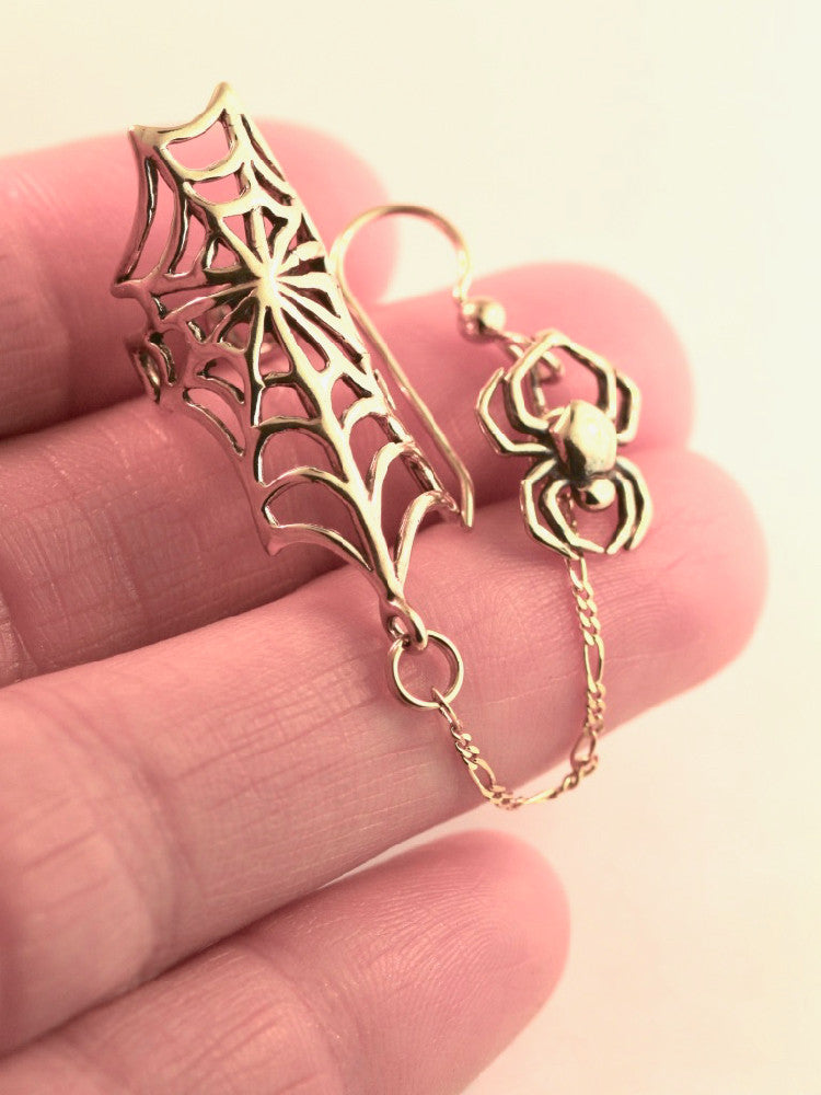 Web and Chained Spider Ear Cuff - 14K Gold