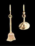Witch's Hat and Witchs' Broom Stick Earrings - 14K Gold